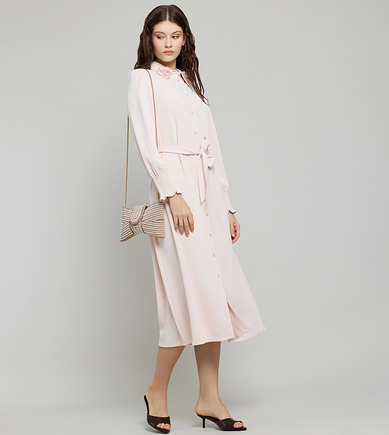 Embellished Collar Shirt Dress with Puff Sleeves