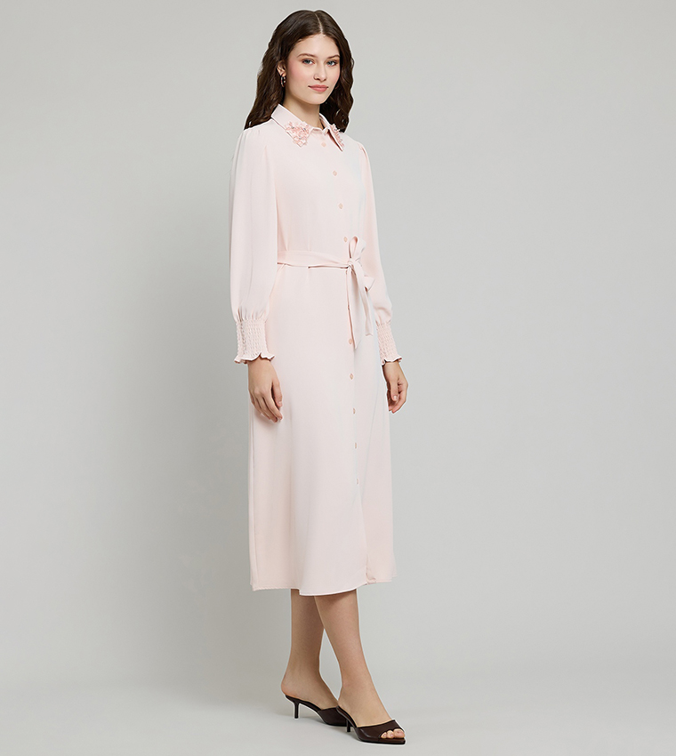 Embellished Collar Shirt Dress with Puff Sleeves