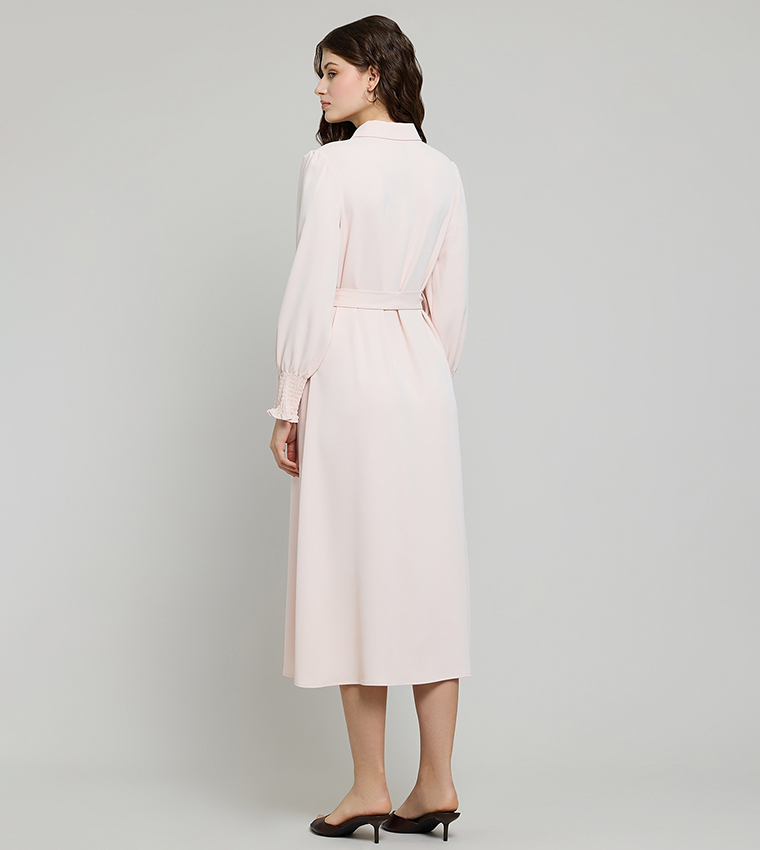 Embellished Collar Shirt Dress with Puff Sleeves