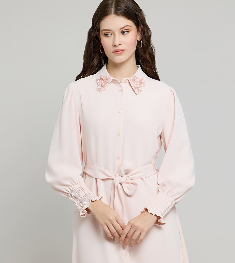 Embellished Collar Shirt Dress with Puff Sleeves