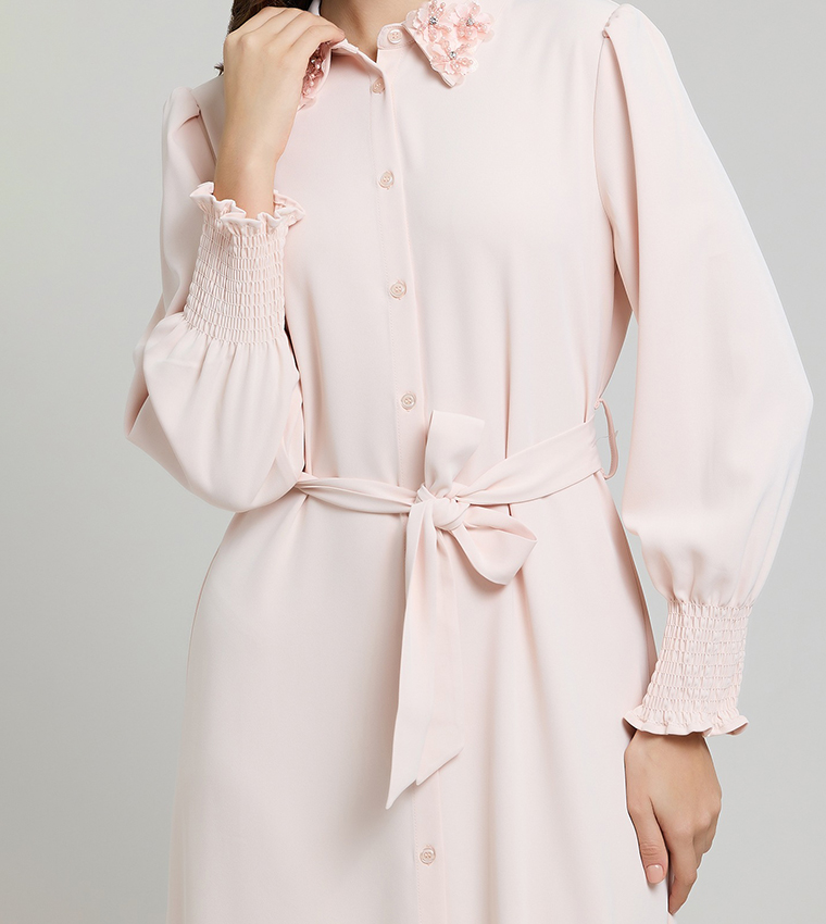 Embellished Collar Shirt Dress with Puff Sleeves