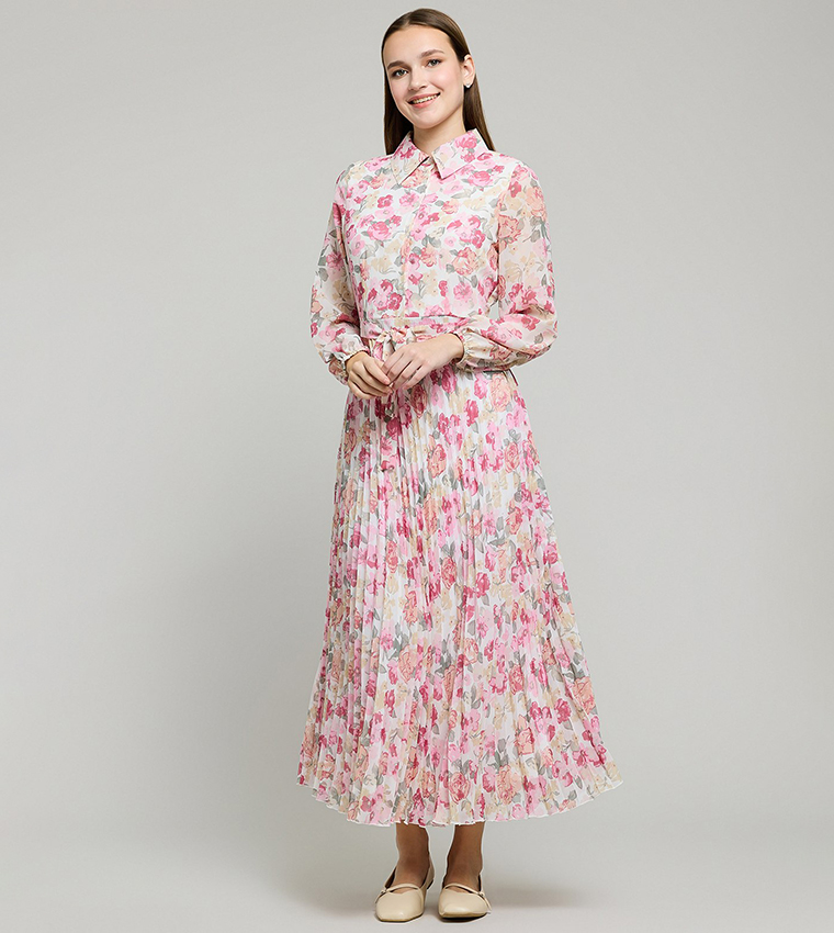 فستان قميص كم طويل بطبعة