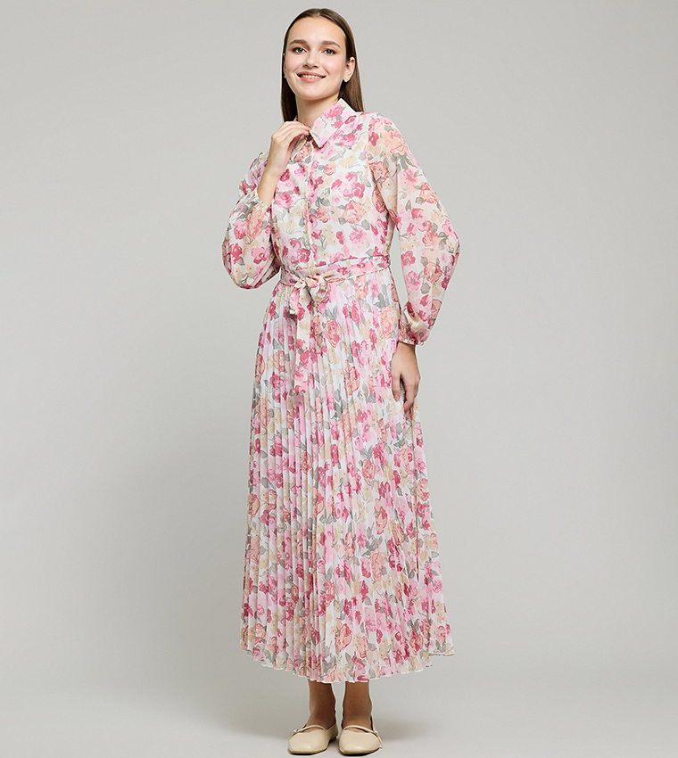 فستان قميص كم طويل بطبعة