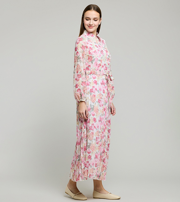 فستان قميص كم طويل بطبعة