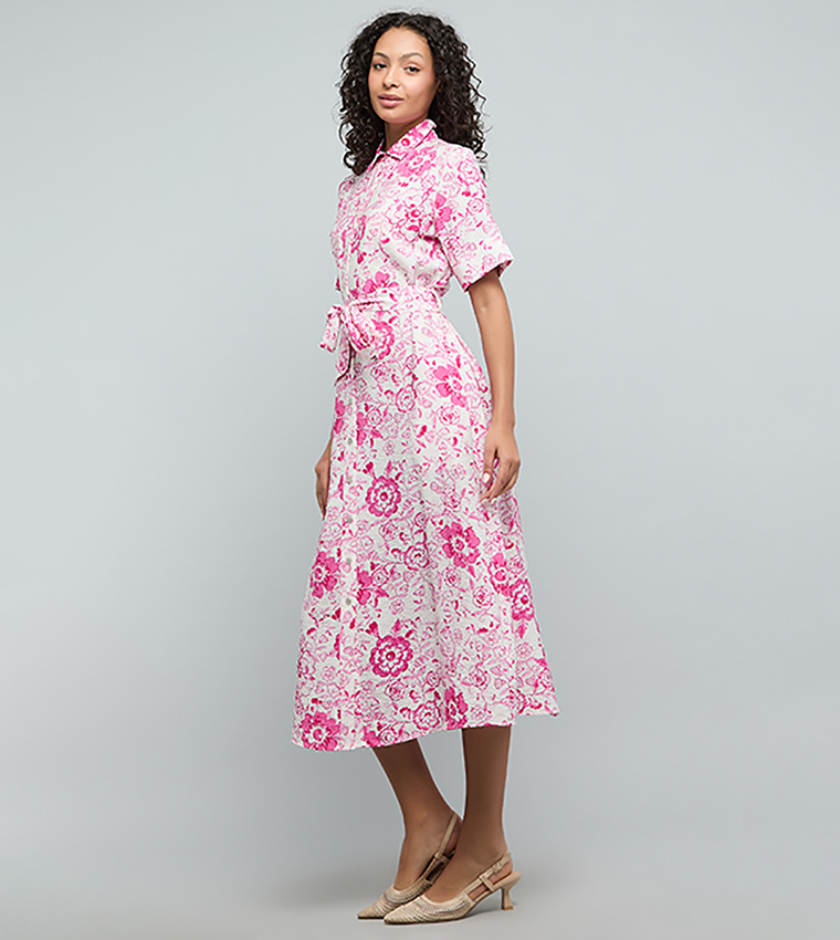 Floral Print Shirt Dress with Short Sleeves