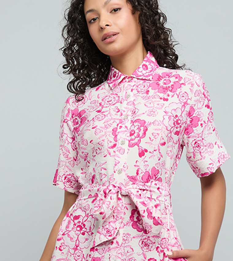 Floral Print Shirt Dress with Short Sleeves
