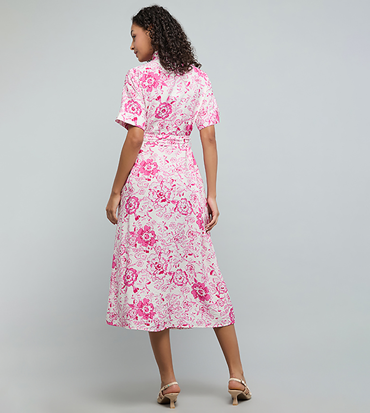 Floral Print Shirt Dress with Short Sleeves