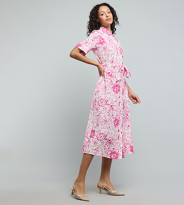 Floral Print Shirt Dress with Short Sleeves