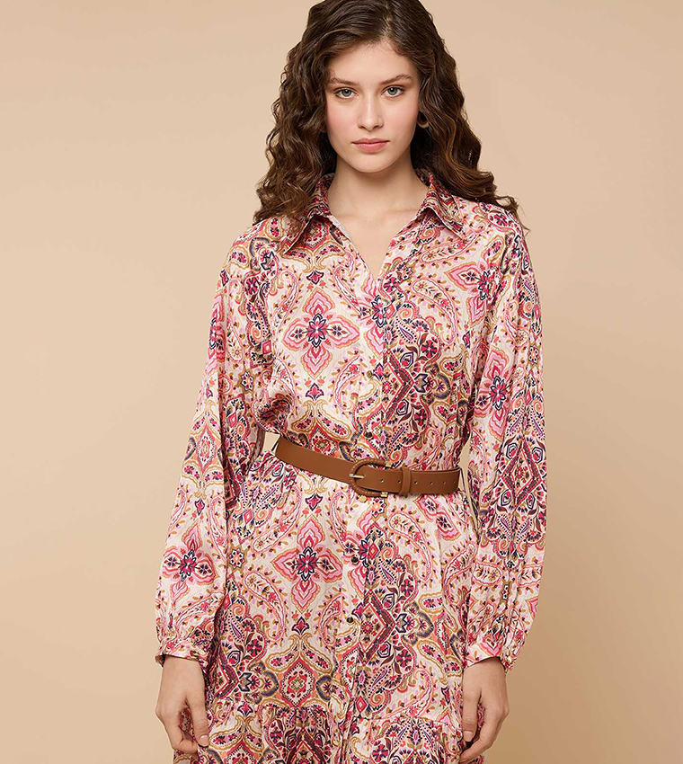 Printed Shirt Dress with Long Sleeves