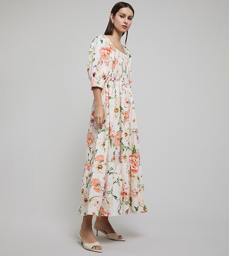 Floral Print Maxi Dress with Square Neck and Puff Sleeves