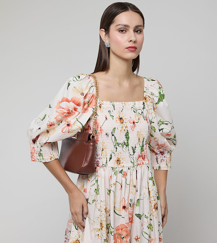 Floral Print Maxi Dress with Square Neck and Puff Sleeves