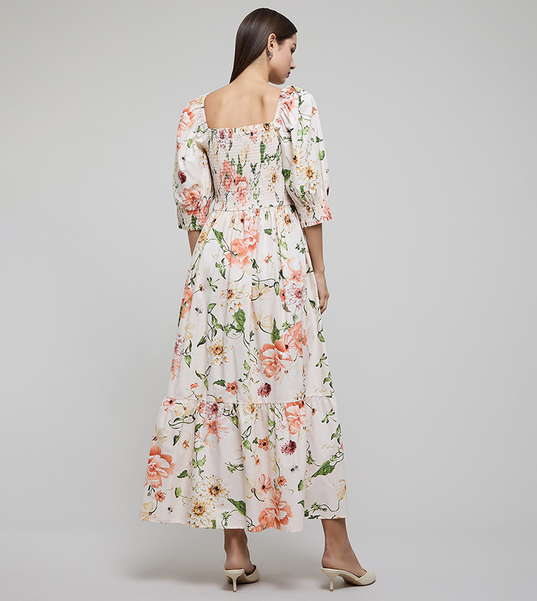 Floral Print Maxi Dress with Square Neck and Puff Sleeves