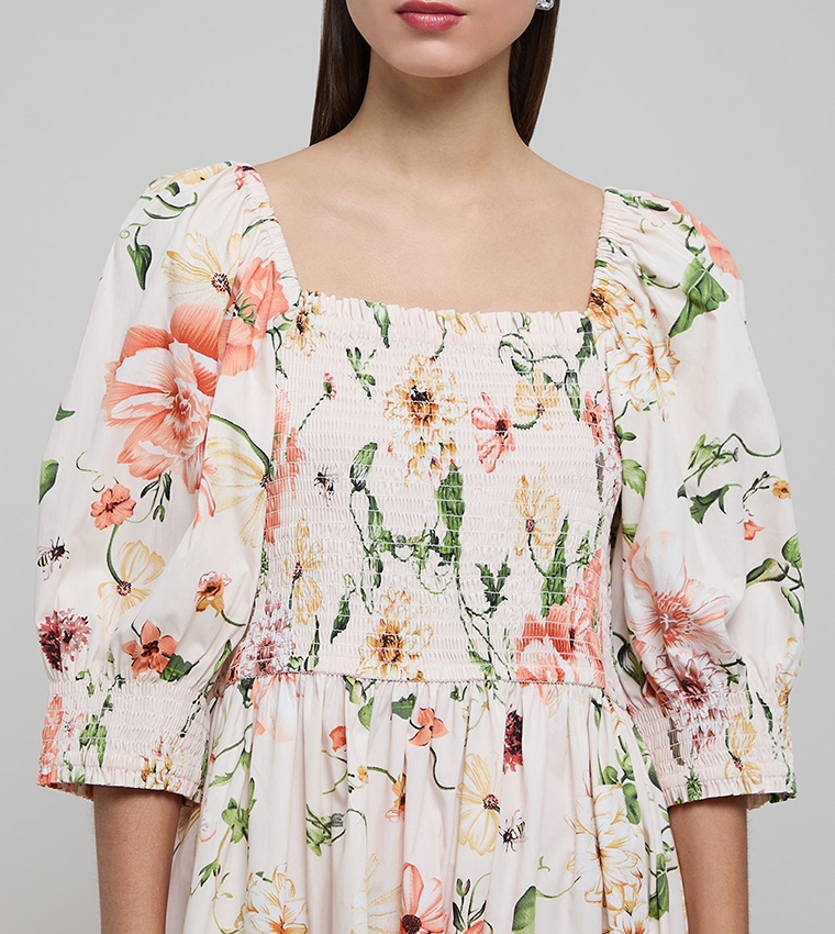 Floral Print Maxi Dress with Square Neck and Puff Sleeves