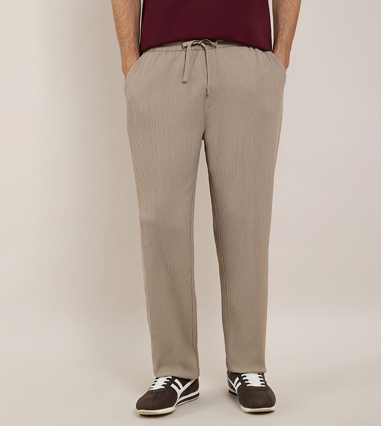 Textured Tapered Fit Pants with Drawstring Waist