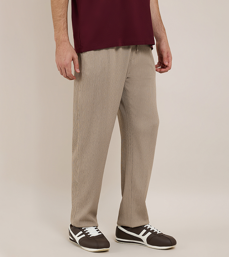 Textured Tapered Fit Pants with Drawstring Waist