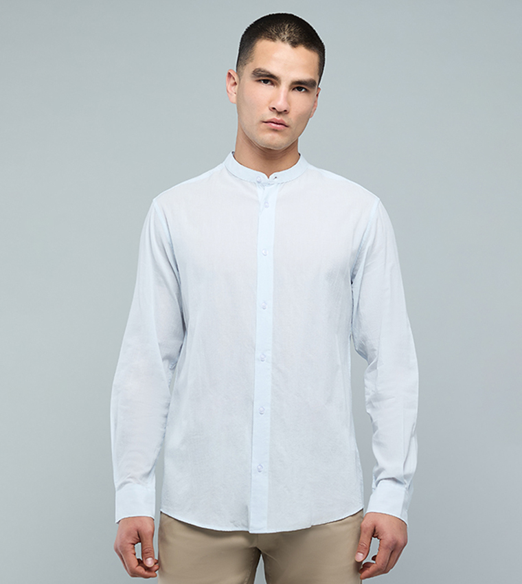 Solid Shirt with Mandarin Collar and Long Sleeves