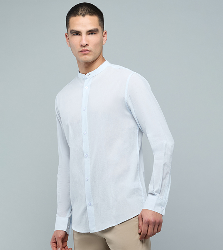 Solid Shirt with Mandarin Collar and Long Sleeves