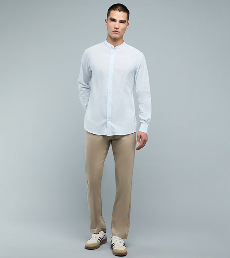 Solid Shirt with Mandarin Collar and Long Sleeves