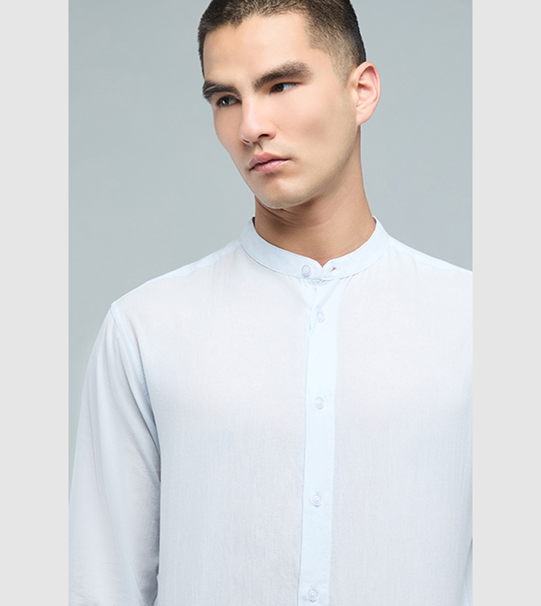 Solid Shirt with Mandarin Collar and Long Sleeves