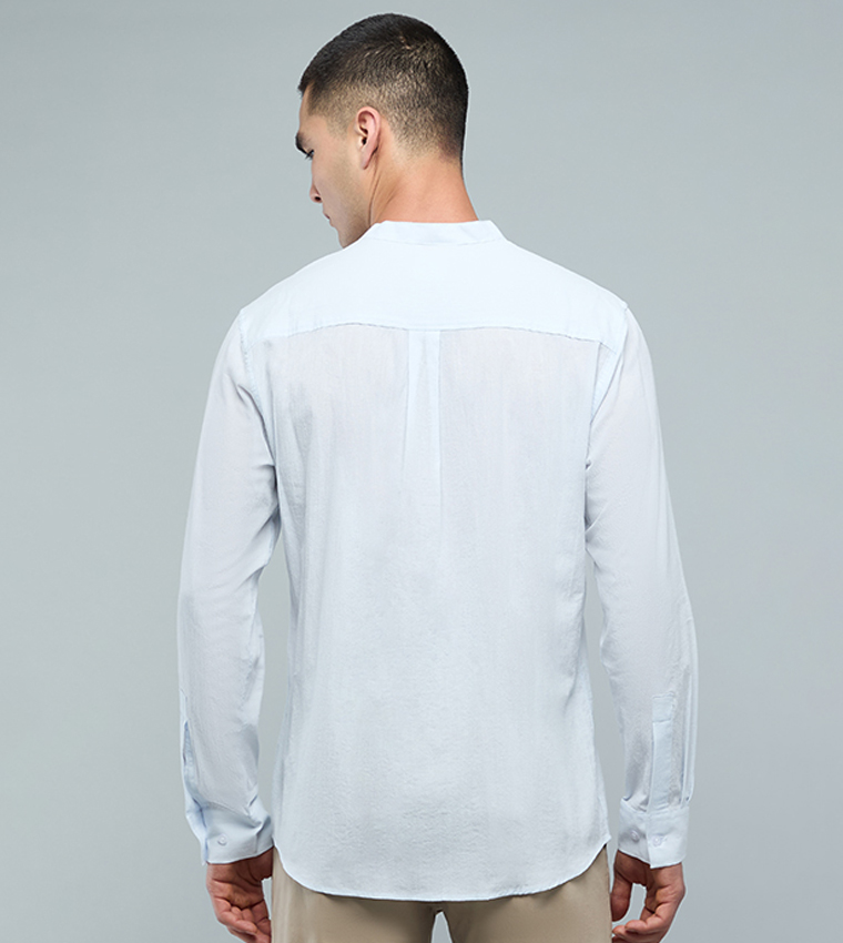 Solid Shirt with Mandarin Collar and Long Sleeves