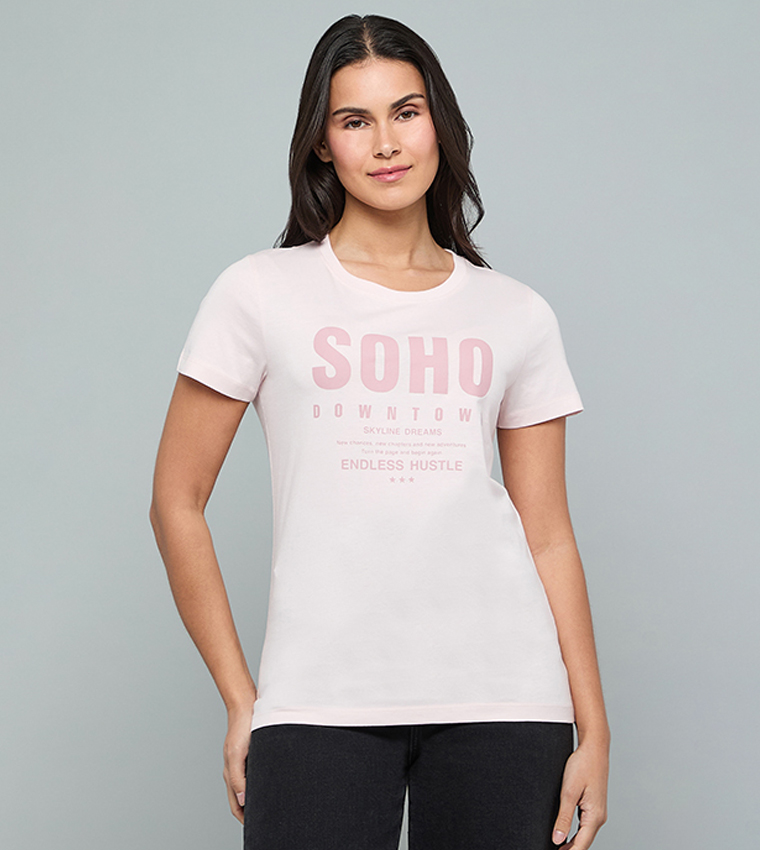 Typography Print T-Shirt with Crew Neck and Short Sleeves