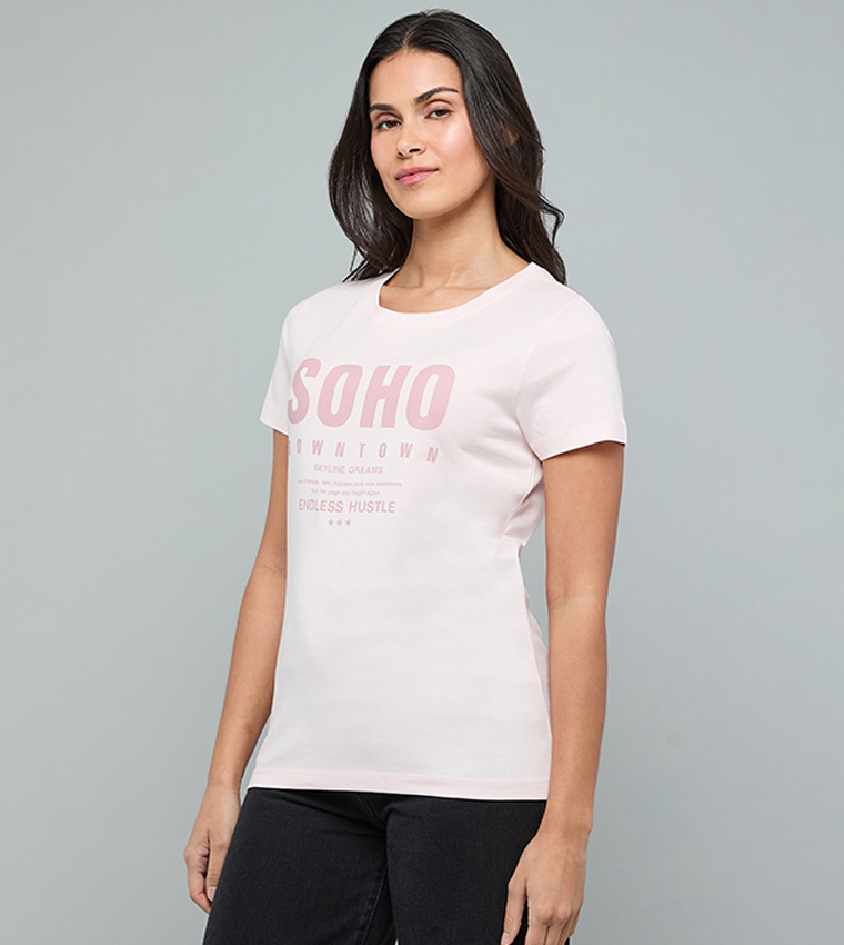 Typography Print T-Shirt with Crew Neck and Short Sleeves