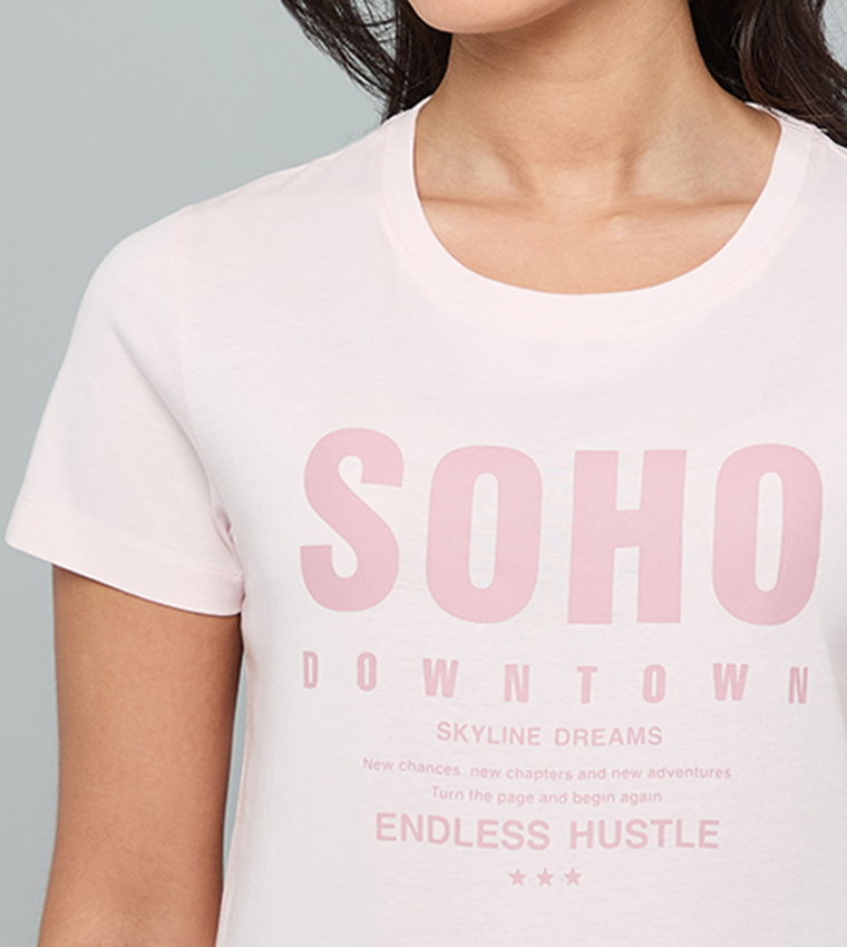 Typography Print T-Shirt with Crew Neck and Short Sleeves