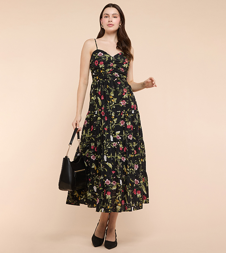 Floral Print Strappy Midaxi Dress with Sweetheart Neck