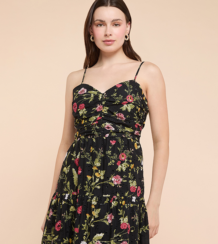 Floral Print Strappy Midaxi Dress with Sweetheart Neck