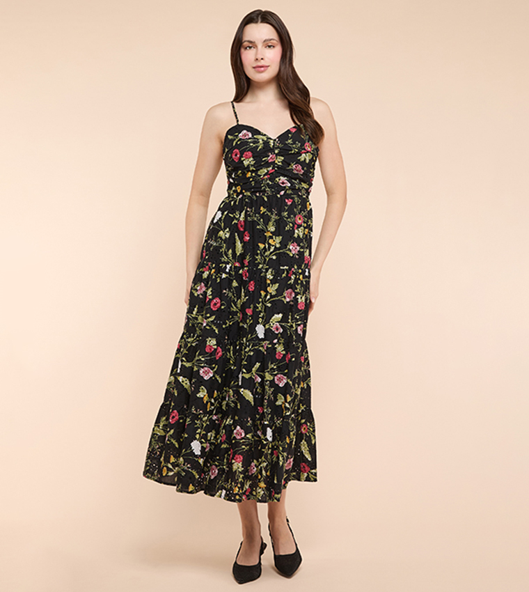 Floral Print Strappy Midaxi Dress with Sweetheart Neck