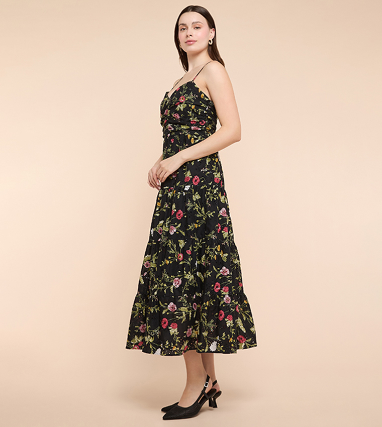 Floral Print Strappy Midaxi Dress with Sweetheart Neck