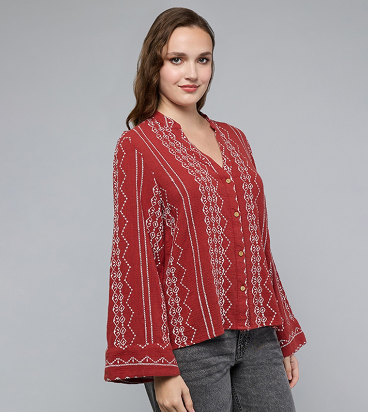 Embroidered Top with Stand Collar and Long Sleeves