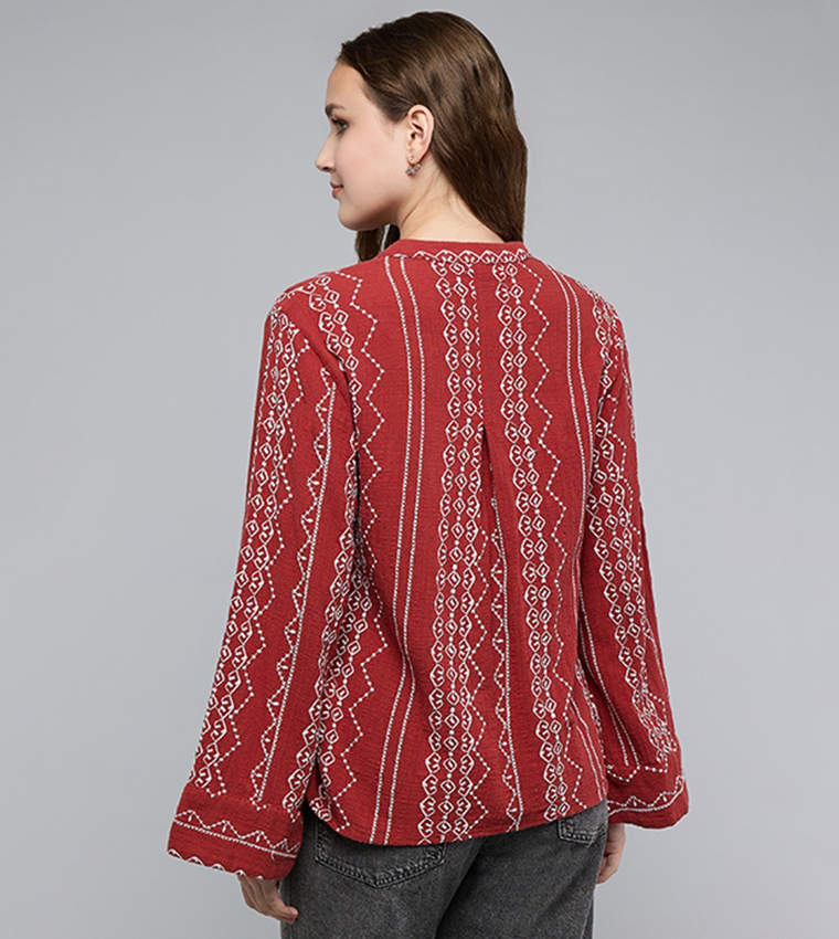 Embroidered Top with Stand Collar and Long Sleeves