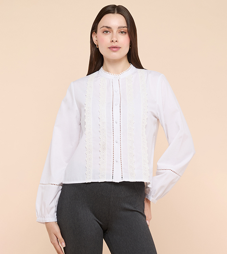 Lace Trim Shirt with Mandarin Collar and Puff Sleeves