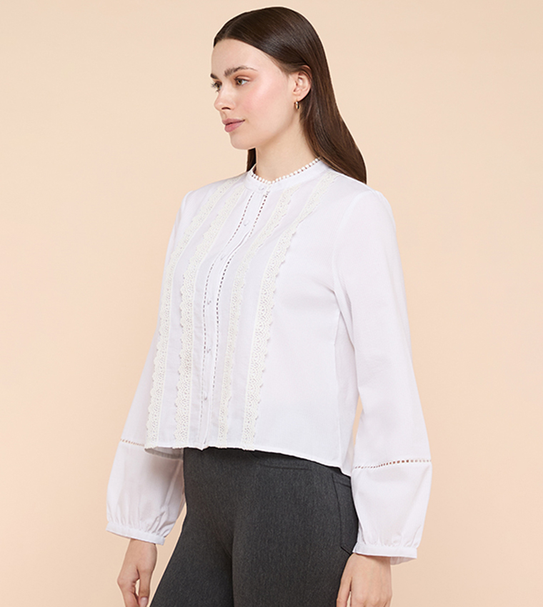 Lace Trim Shirt with Mandarin Collar and Puff Sleeves