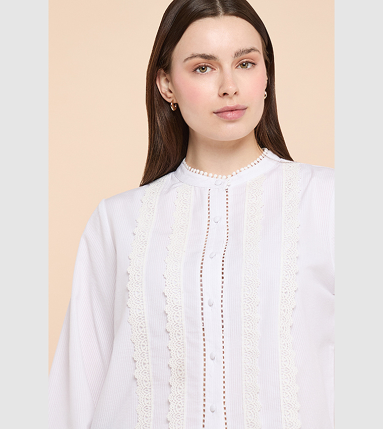 Lace Trim Shirt with Mandarin Collar and Puff Sleeves