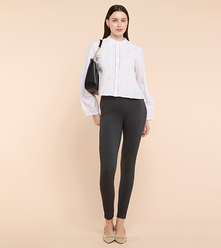 Lace Trim Shirt with Mandarin Collar and Puff Sleeves