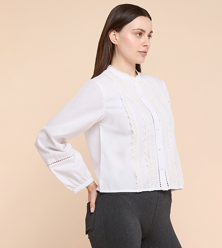 Lace Trim Shirt with Mandarin Collar and Puff Sleeves