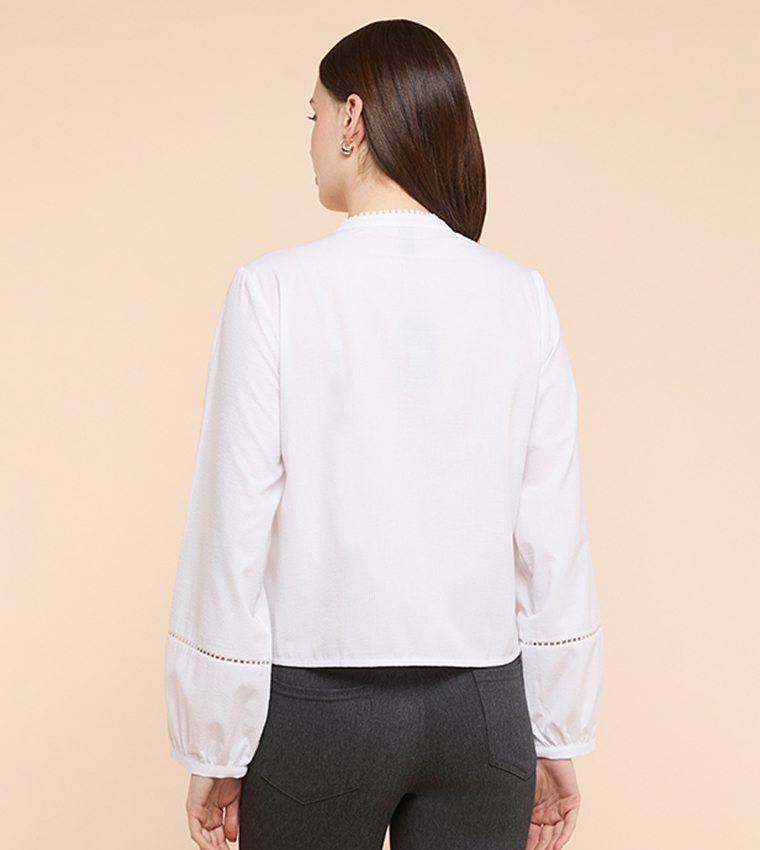 Lace Trim Shirt with Mandarin Collar and Puff Sleeves