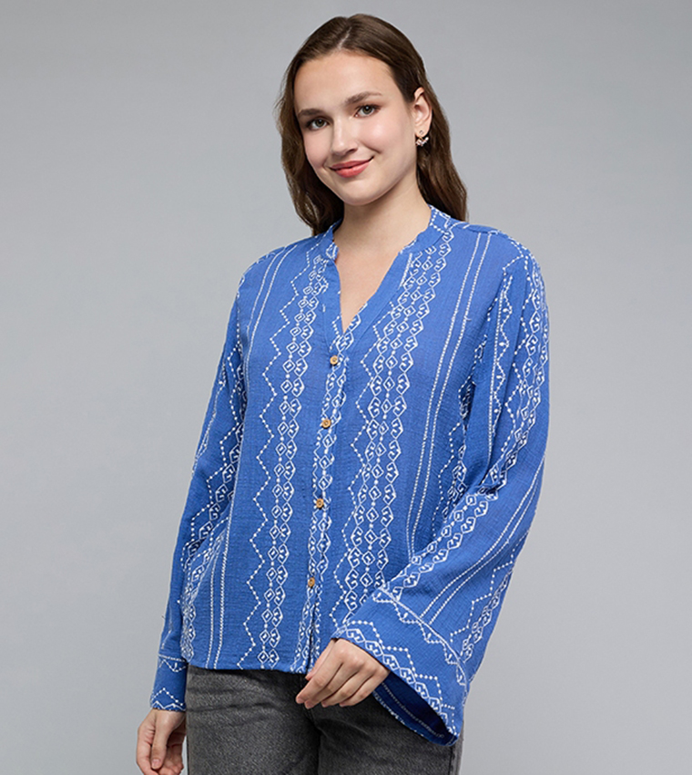 Embroidered Top with Stand Collar and Long Sleeves