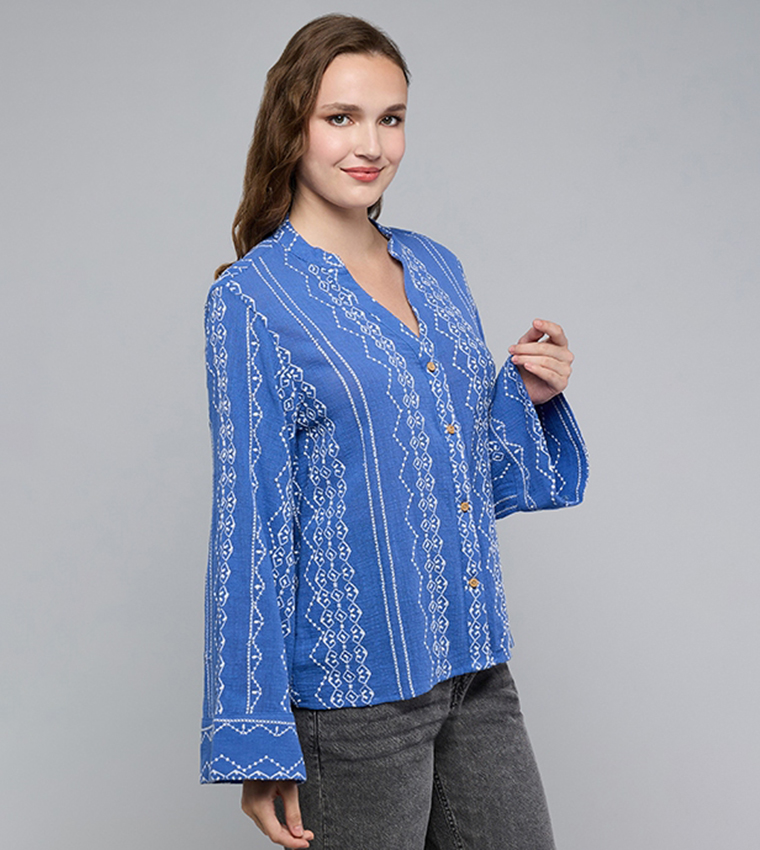 Embroidered Top with Stand Collar and Long Sleeves