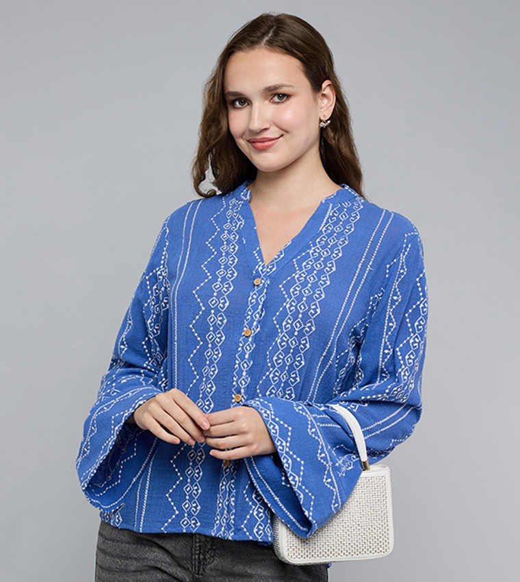 Embroidered Top with Stand Collar and Long Sleeves