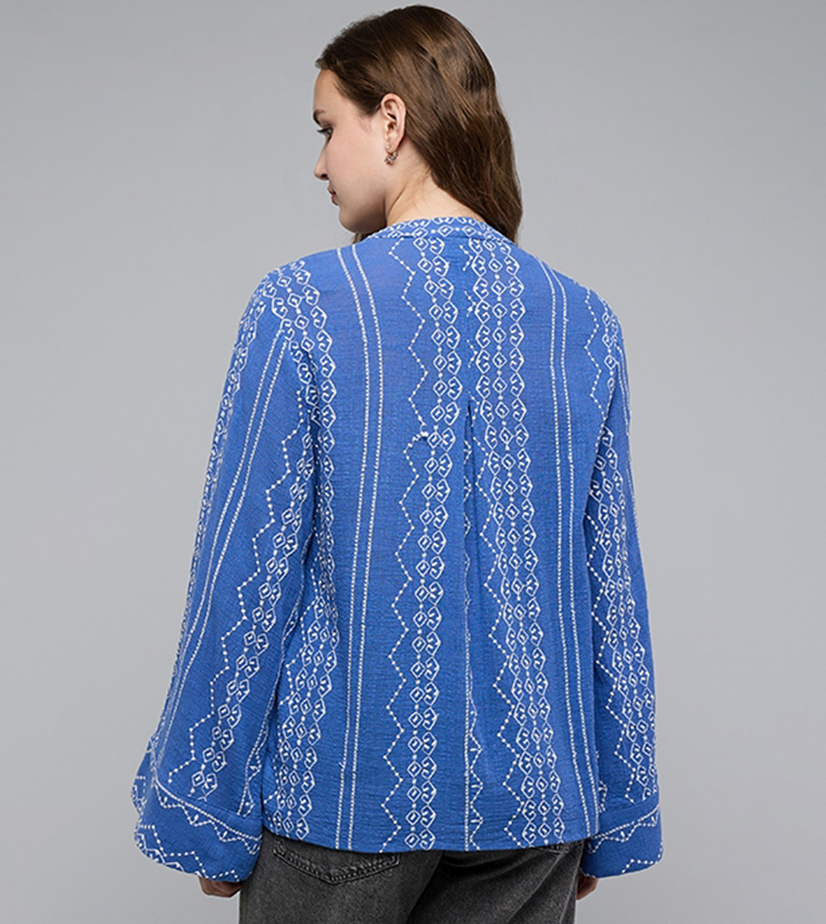 Embroidered Top with Stand Collar and Long Sleeves