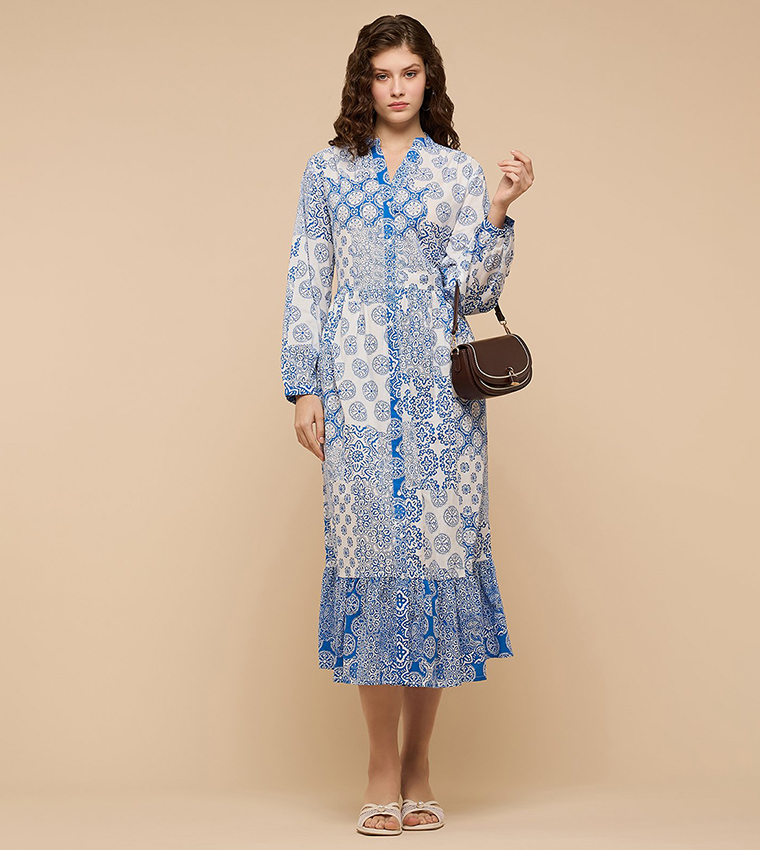 Patterned A-Line Dress with Mandarin Collar and Long Sleeves