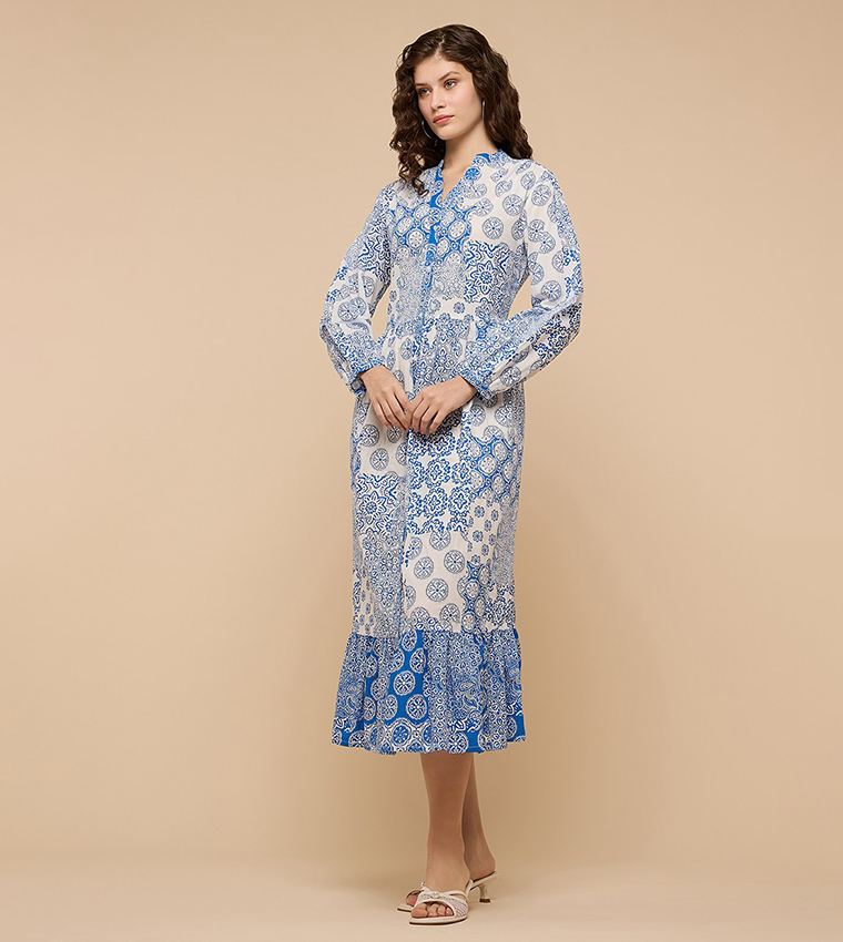 Patterned A-Line Dress with Mandarin Collar and Long Sleeves