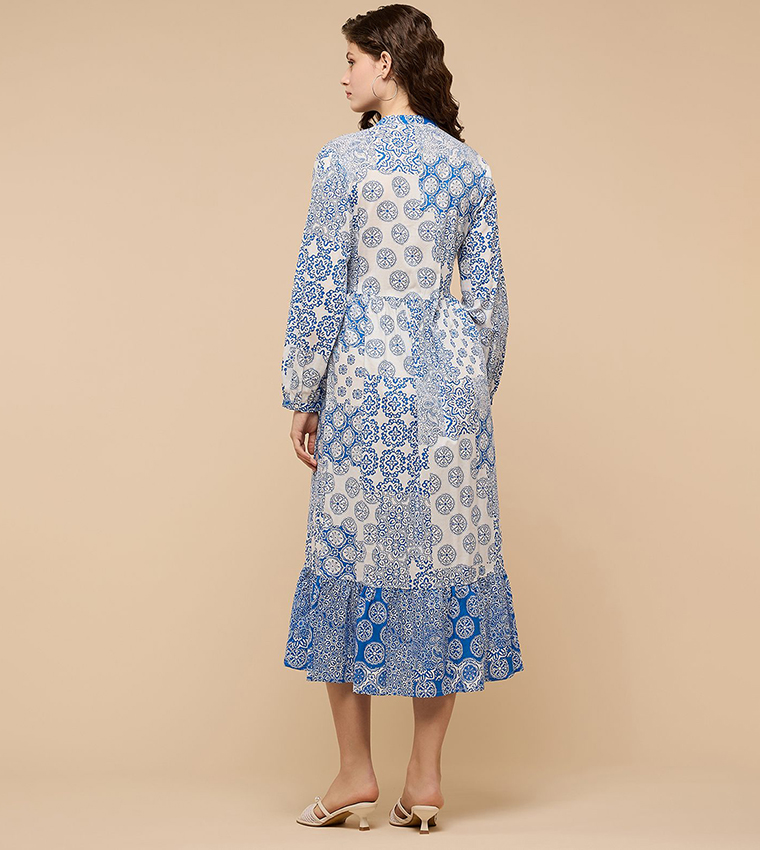 Patterned A-Line Dress with Mandarin Collar and Long Sleeves