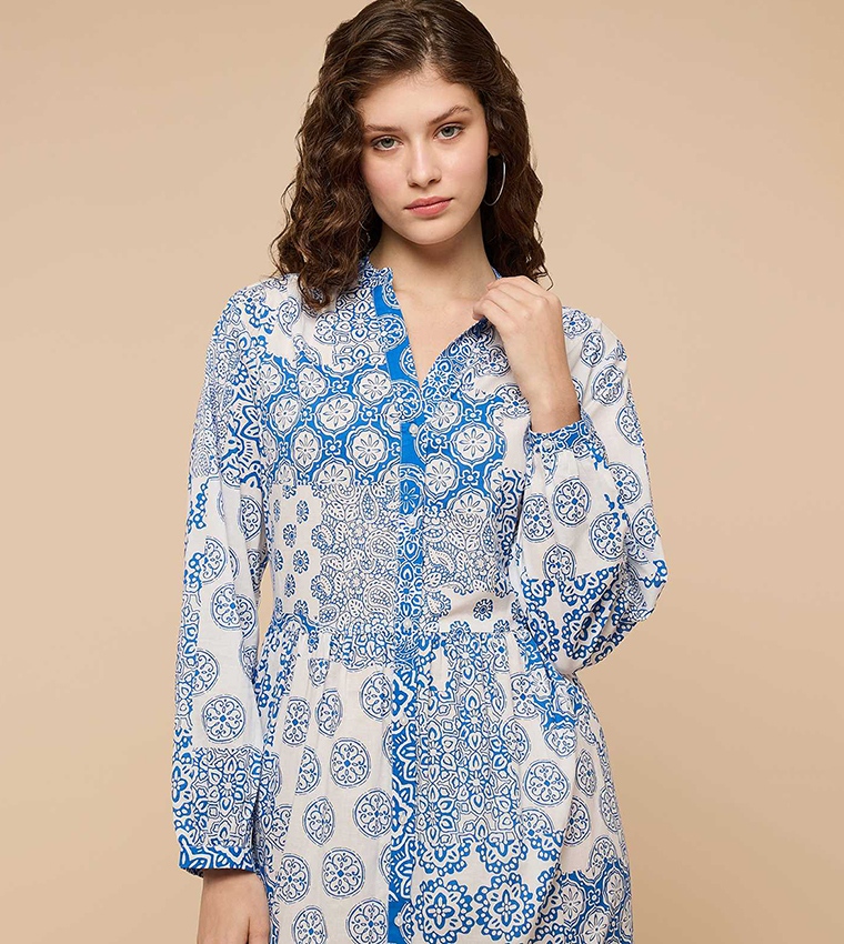 Patterned A-Line Dress with Mandarin Collar and Long Sleeves