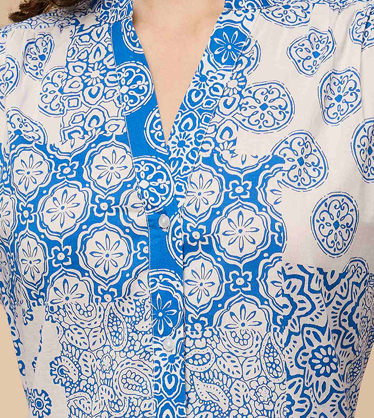 Patterned A-Line Dress with Mandarin Collar and Long Sleeves
