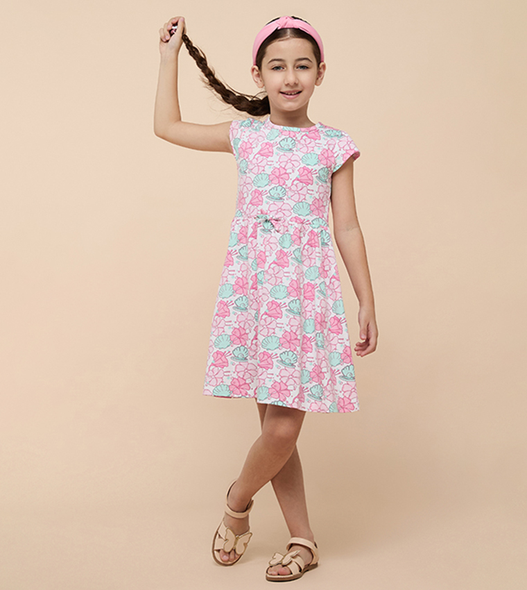 Printed Flared Dress with Crew neck and Short Sleeves