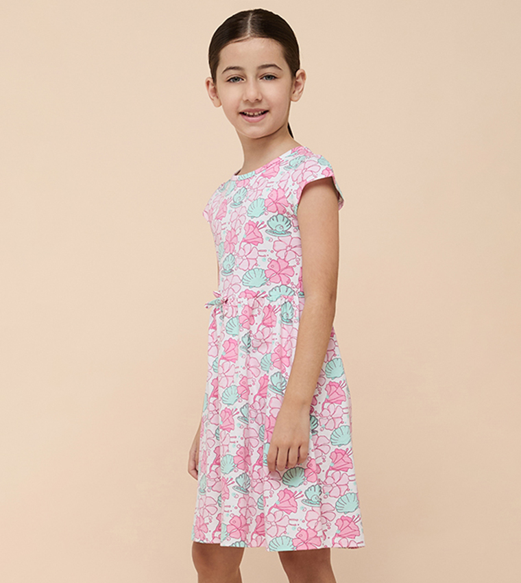 Printed Flared Dress with Crew neck and Short Sleeves